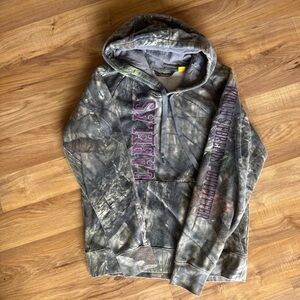 Cabela's Gray Camo Hoodie with Purple Lettering